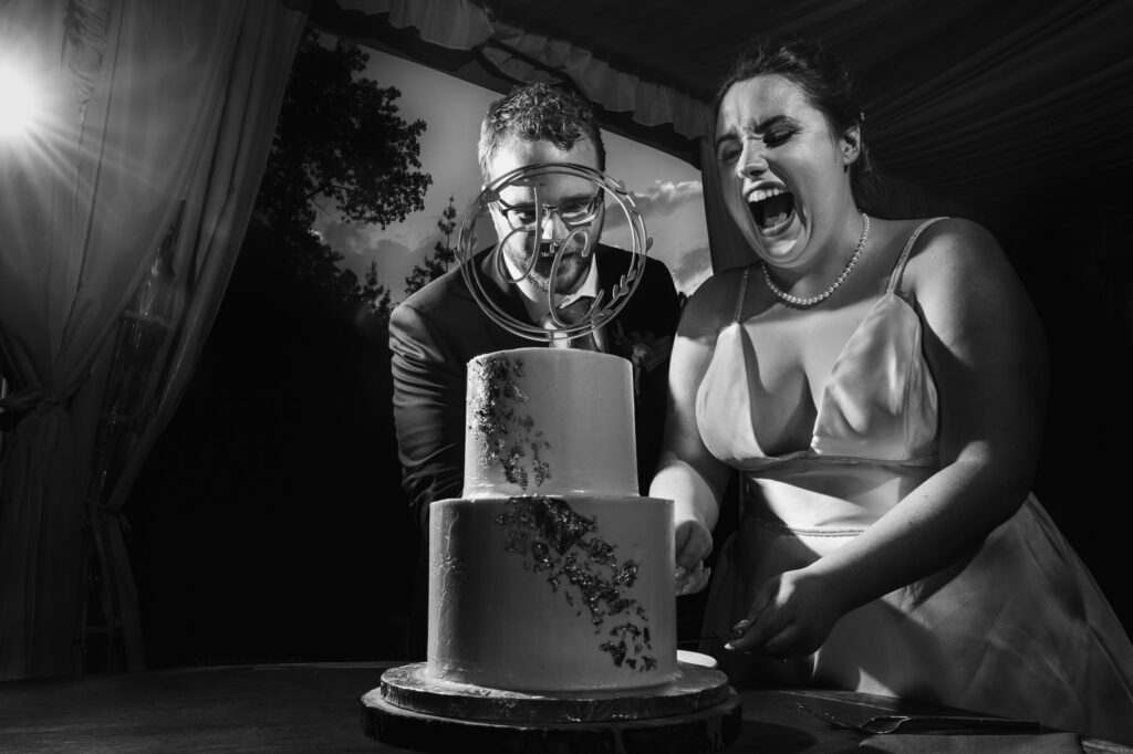 A Colorado bride and groom excitedly cut their wedding cake in Boulder, CO.